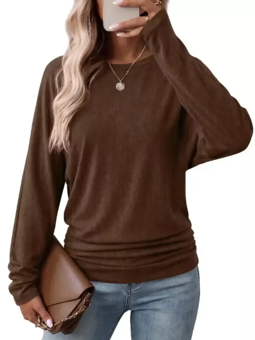 Long Sleeve Crew Neck Casual T-Shirt with Ruched Hem, image 23