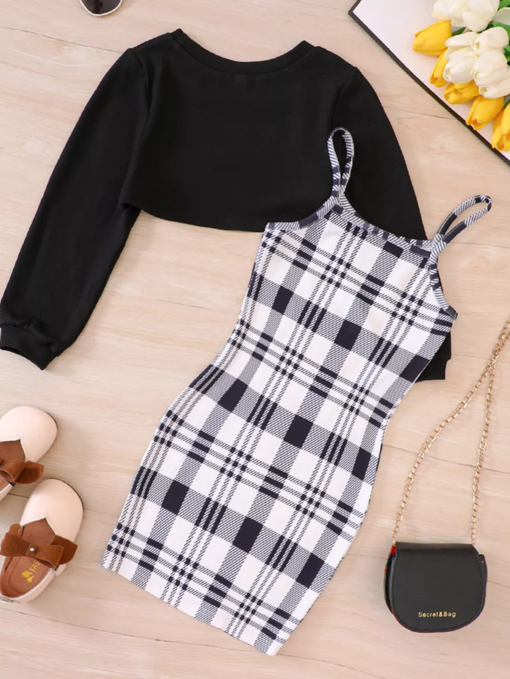 Children's Plaid Print Long Sleeve Dress Set, image 2