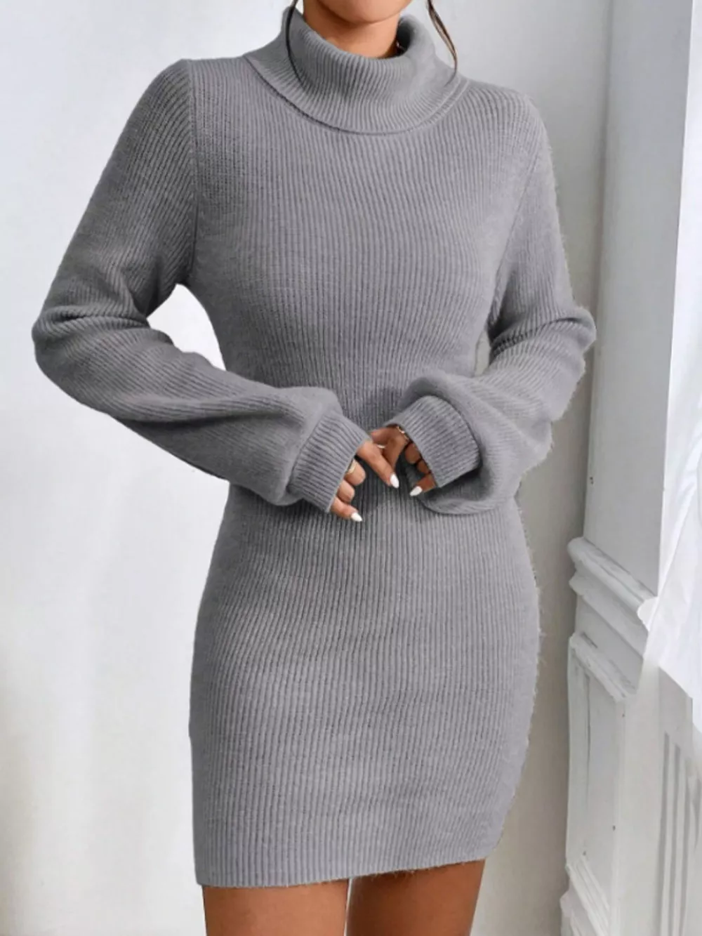 Turtleneck Ribbed Knit Sweater Dress, image 10