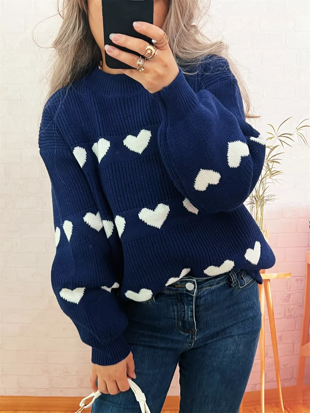 Heart Pattern Dropped Shoulder Sweater, image 14