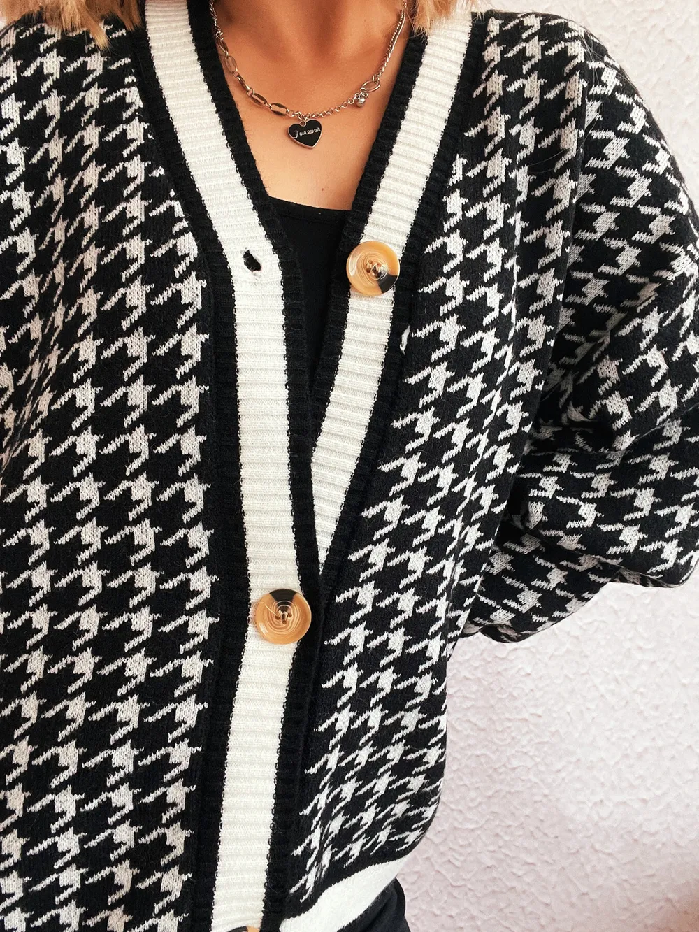 Houndstooth Pattern V-Neck Button-Up Cardigan, image 12