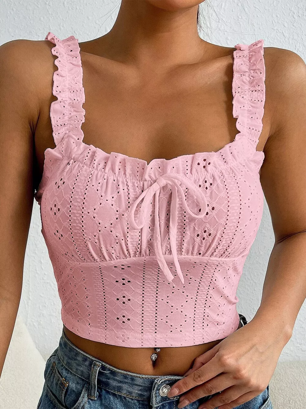 Eyelet Ruffle Strap Tie-Front Tank, image 8