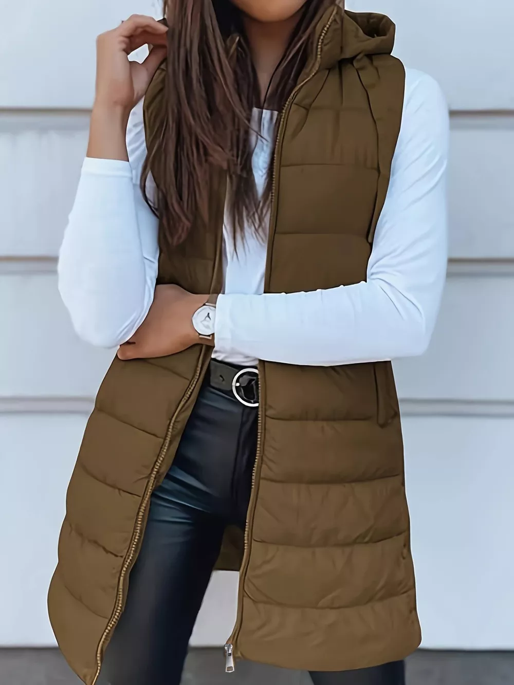 Zip Up Longline Hooded Puffer Vest Coat, image 9