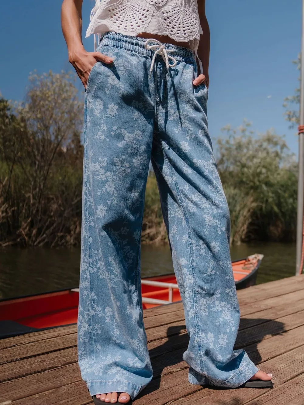 Drawstring Floral Wide-Leg Jeans, image 4