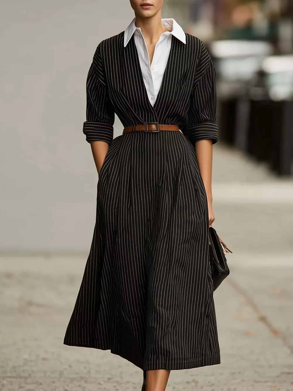 Striped Collared Neck Midi Dress