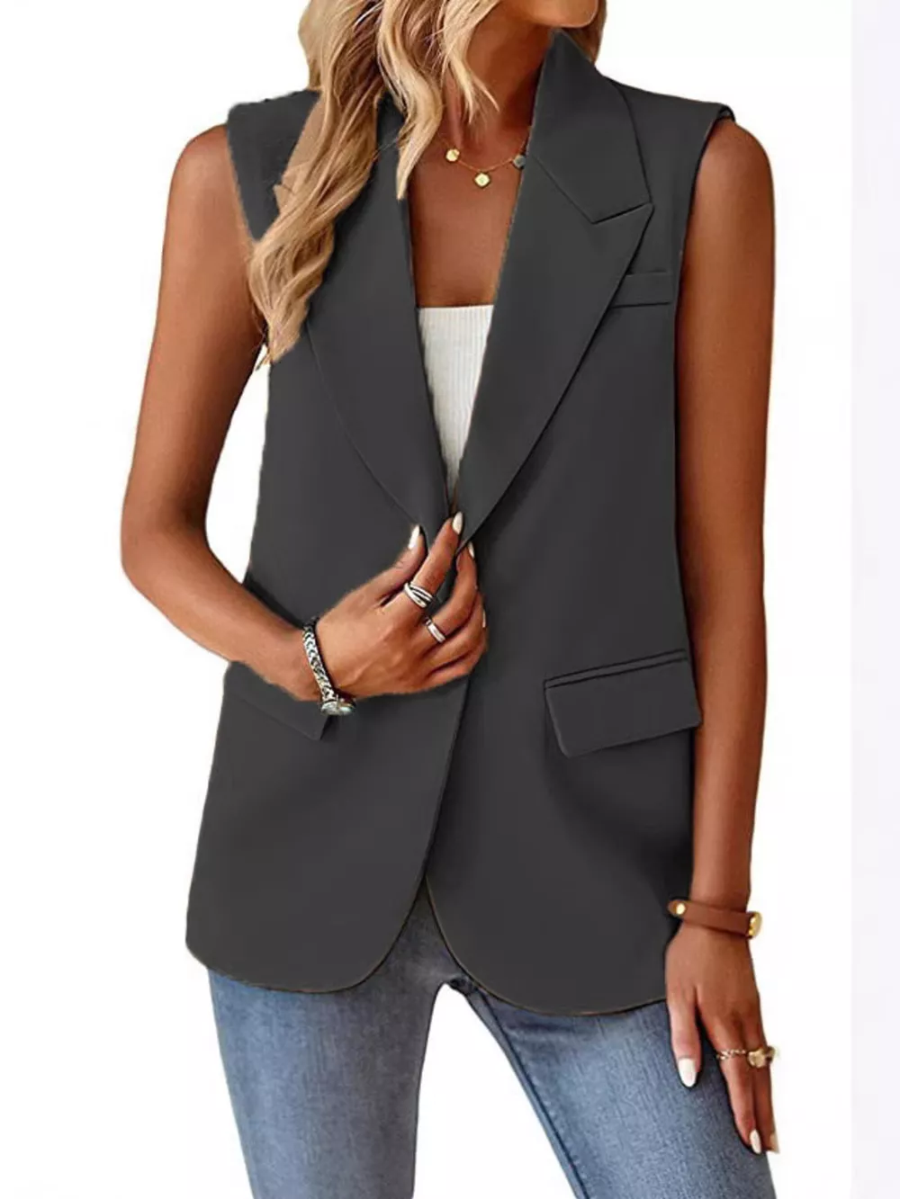 Full Size One Button Lapel Collar Vest Coat Plus Size, image 20