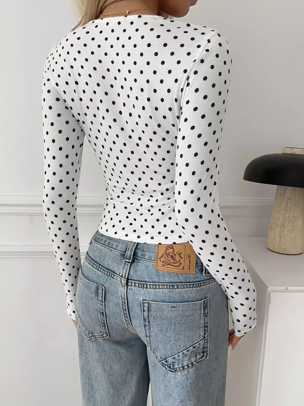 Polka Dot Lace Trim Ruched Long Sleeve T-Shirt, image 5