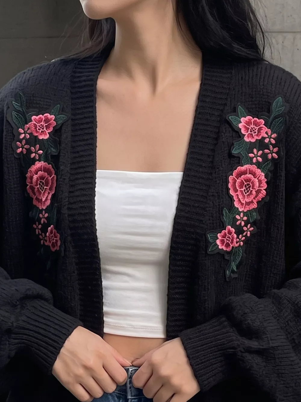 Floral Embroidered Applique Knit Cardigan, image 3