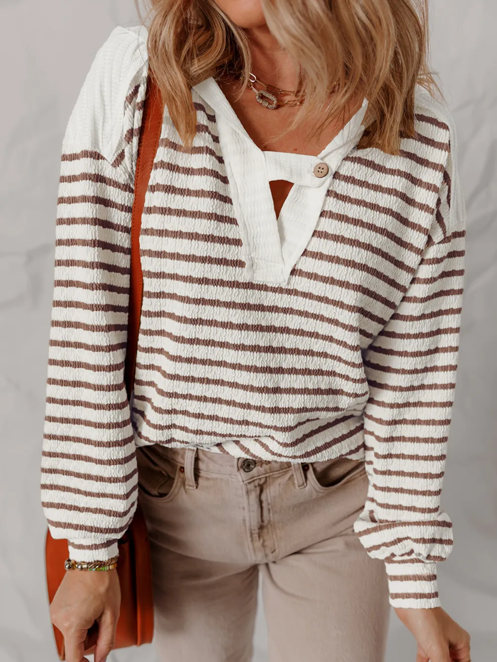 Striped V-Neck Long Sleeve Knit Hoodie, image 5