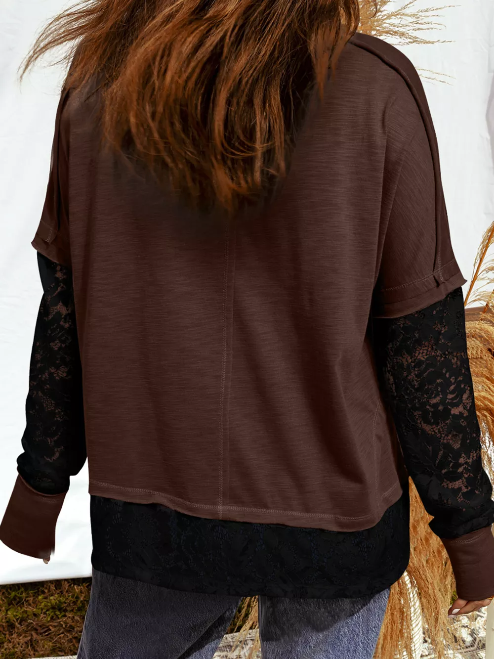 Sheer Lace Patchwork Casual Long Sleeve Top, image 7