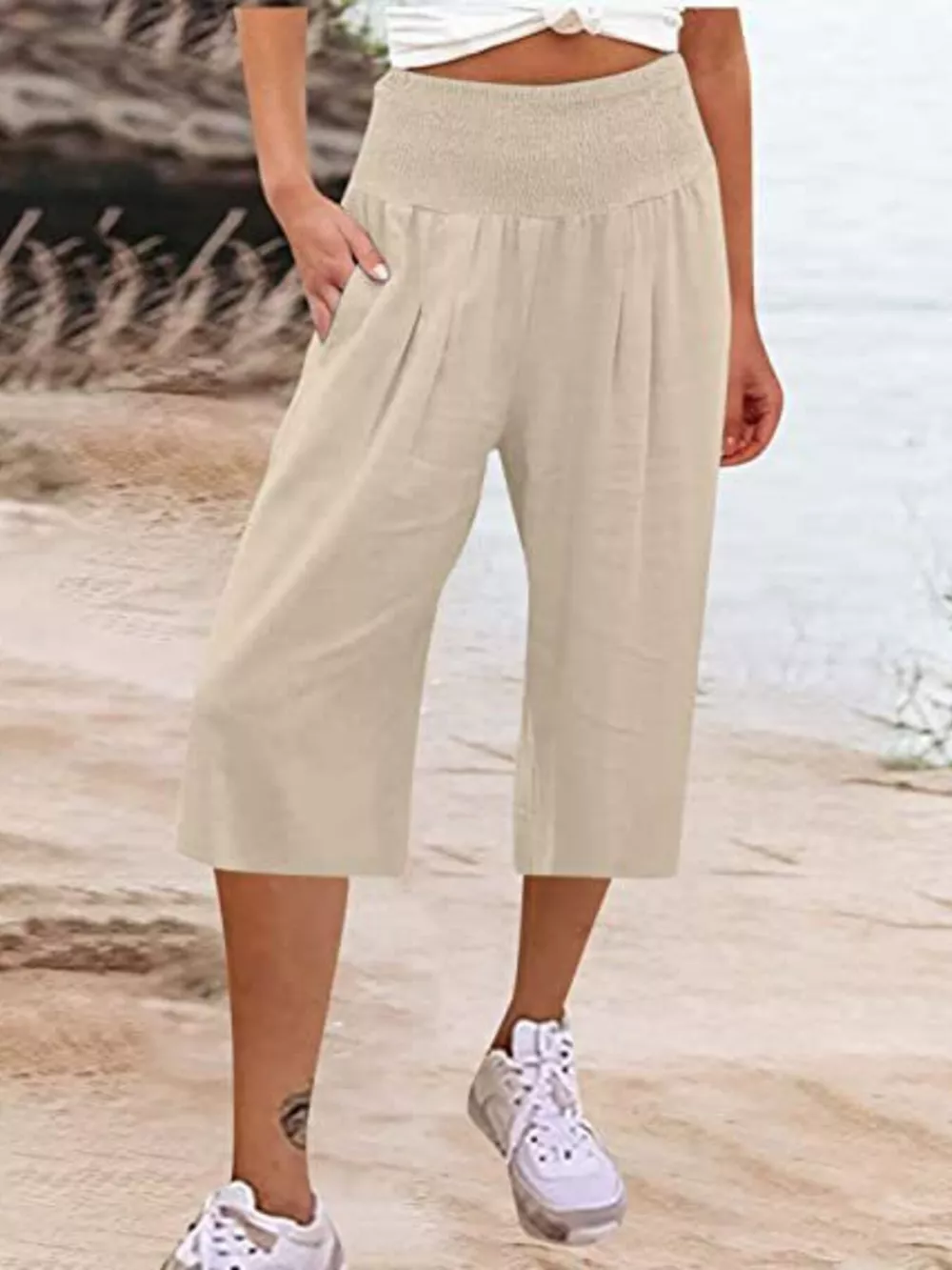 Smocked Wide-Leg Capri Pants, image 8