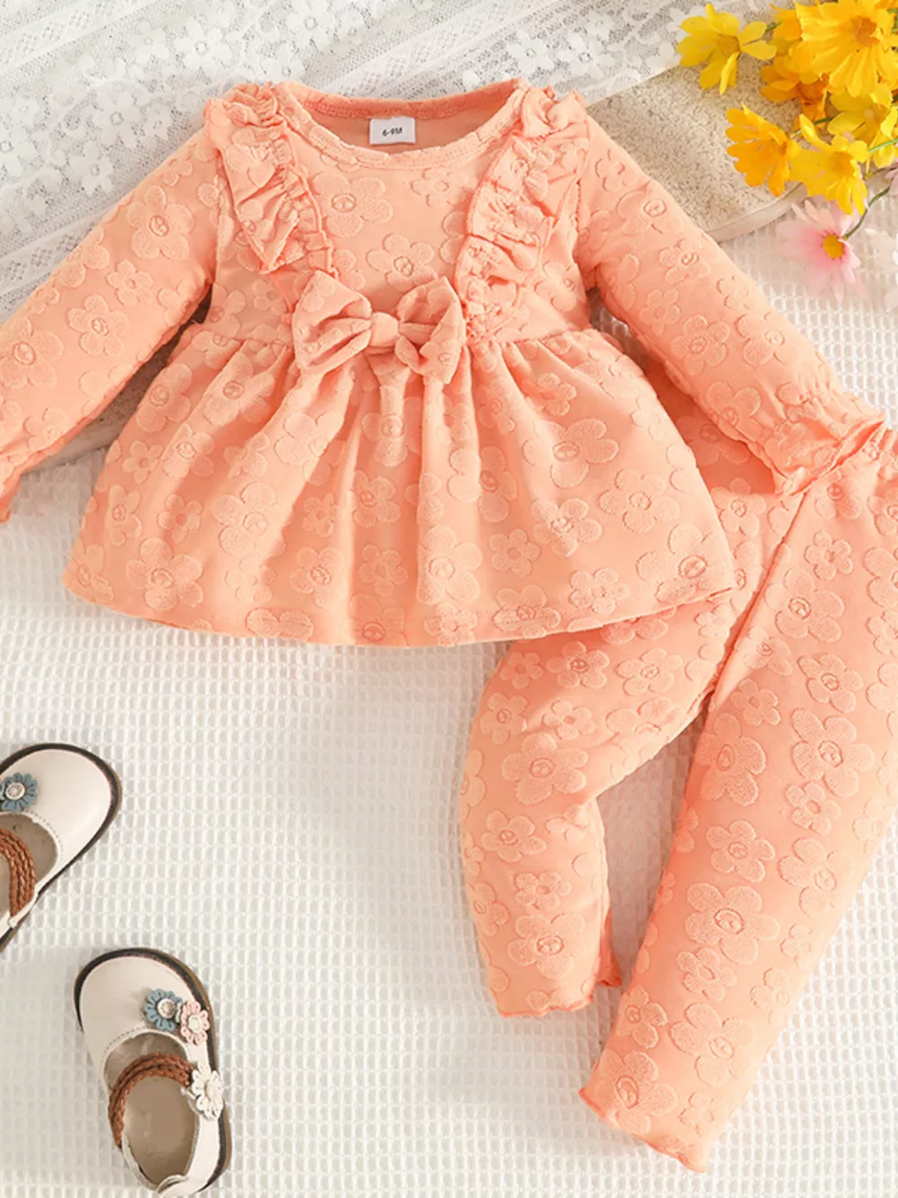 Children's Floral Embossed Ruffle Trim Top and Pants Set, image 4