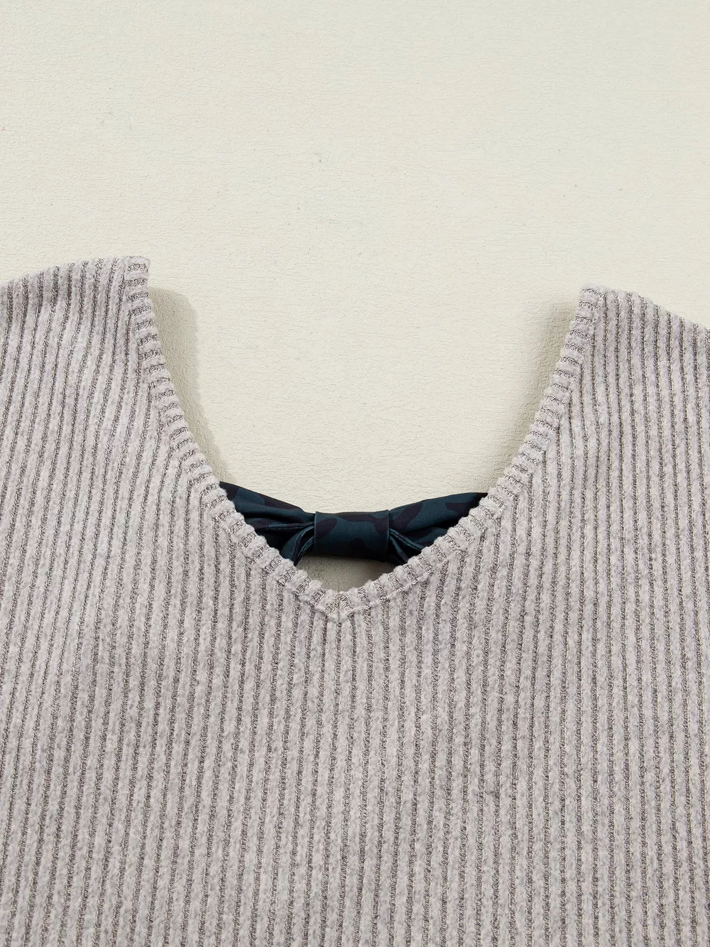 Ribbed V Neck Contrast Ribbon Bow Back Drop Shoulder Long Sleeve Top, image 11