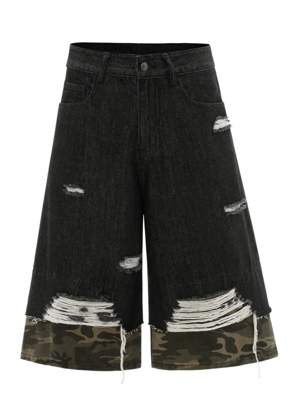 Men's Distressed Camo Trim Denim Bermuda Shorts