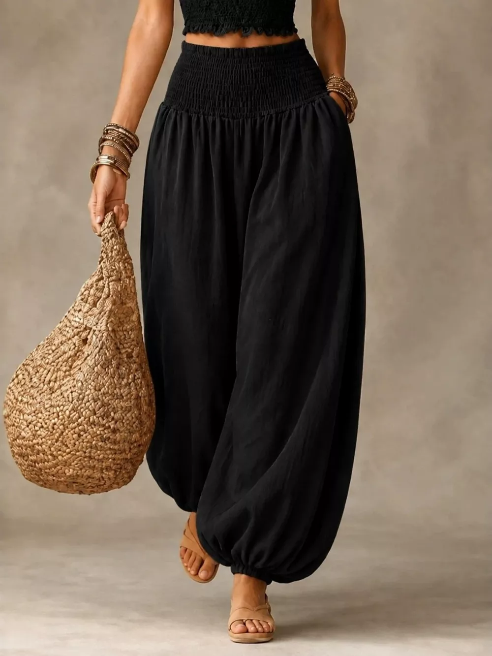 Full Size Smocked Harem Pants Plus Size, image 5