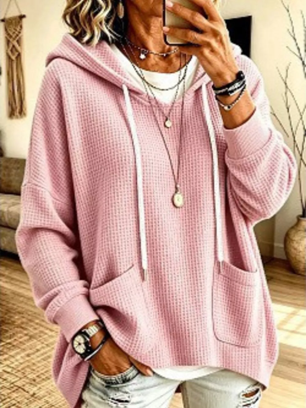 Full Size Waffle Knit Hoodie with Pockets Plus Size, image 7