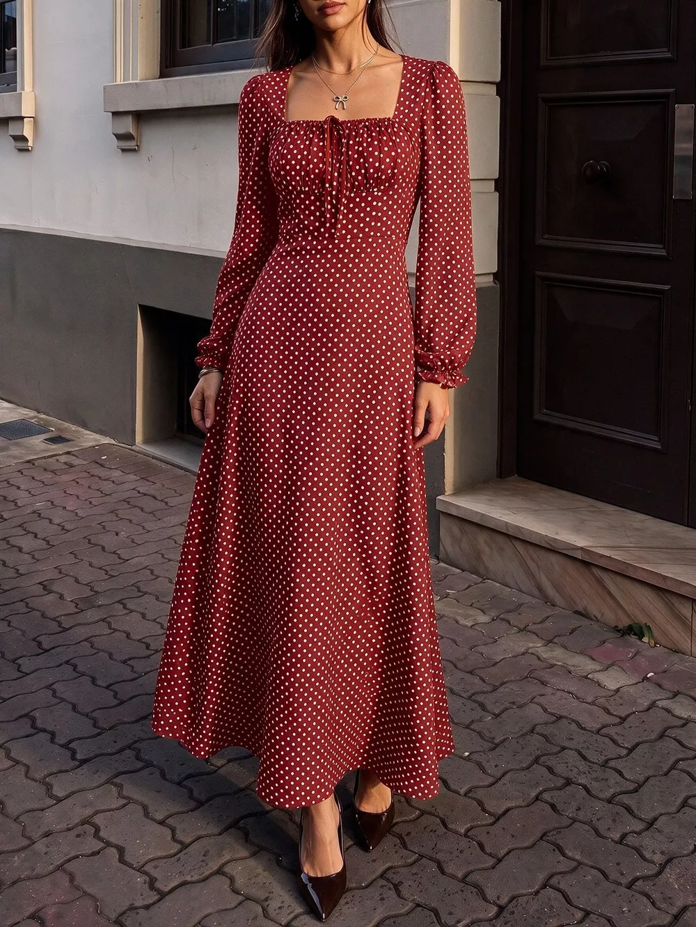 Square Neck Polka Dot Long Sleeve Maxi Dress, image 4