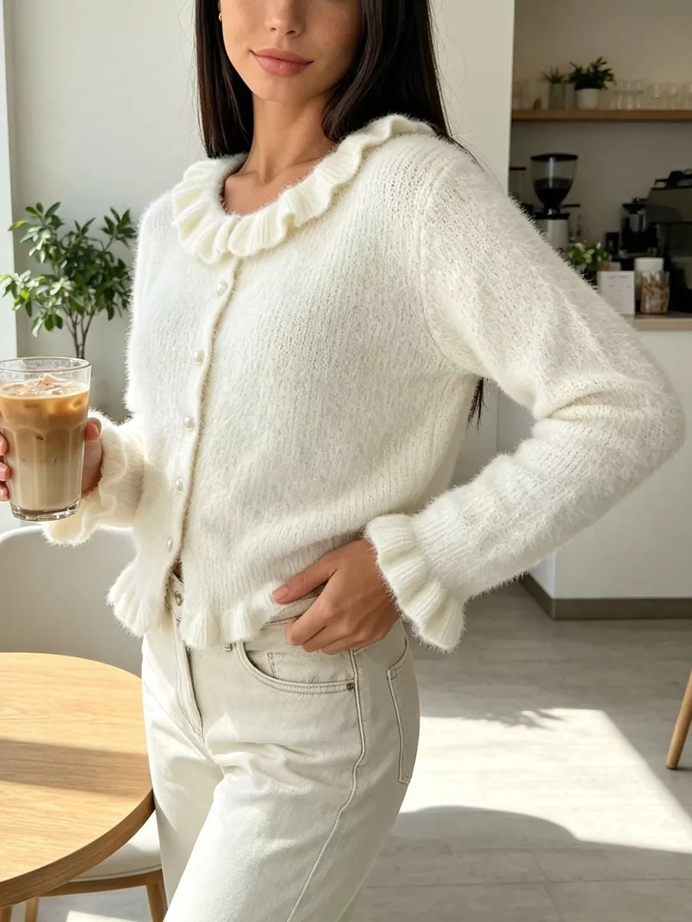 Soft Fuzzy Cardigan with Ruffled Collar and Pearl Buttons, image 8