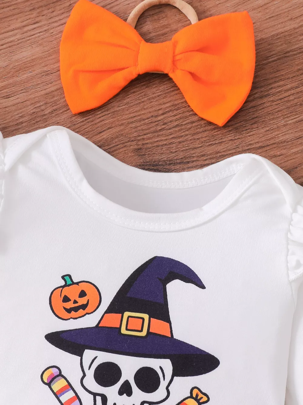 Children's Halloween Skull Print Long Sleeve Bodysuit and Pants Set with Bow Headband, image 3