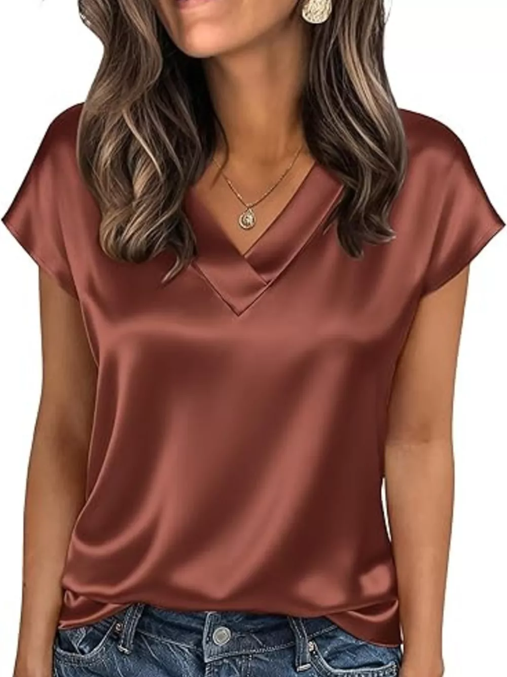 Satin V-Neck Short Sleeve Blouse, image 26