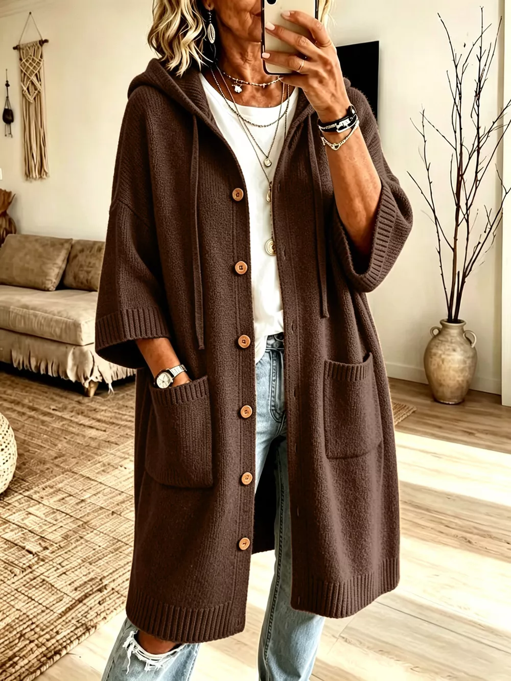 Hooded Button-Down Knit Cardigan with Pockets, image 9