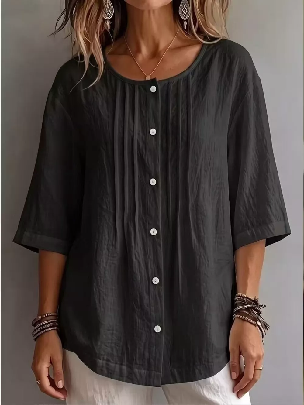 Full Size Texture Round Neck 3/4 Sleeve Blouse Plus Size, image 3