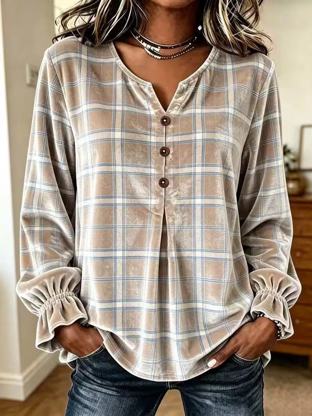 Full Size Plaid Velvet Flounce Sleeve Blouse Plus Size, image 11
