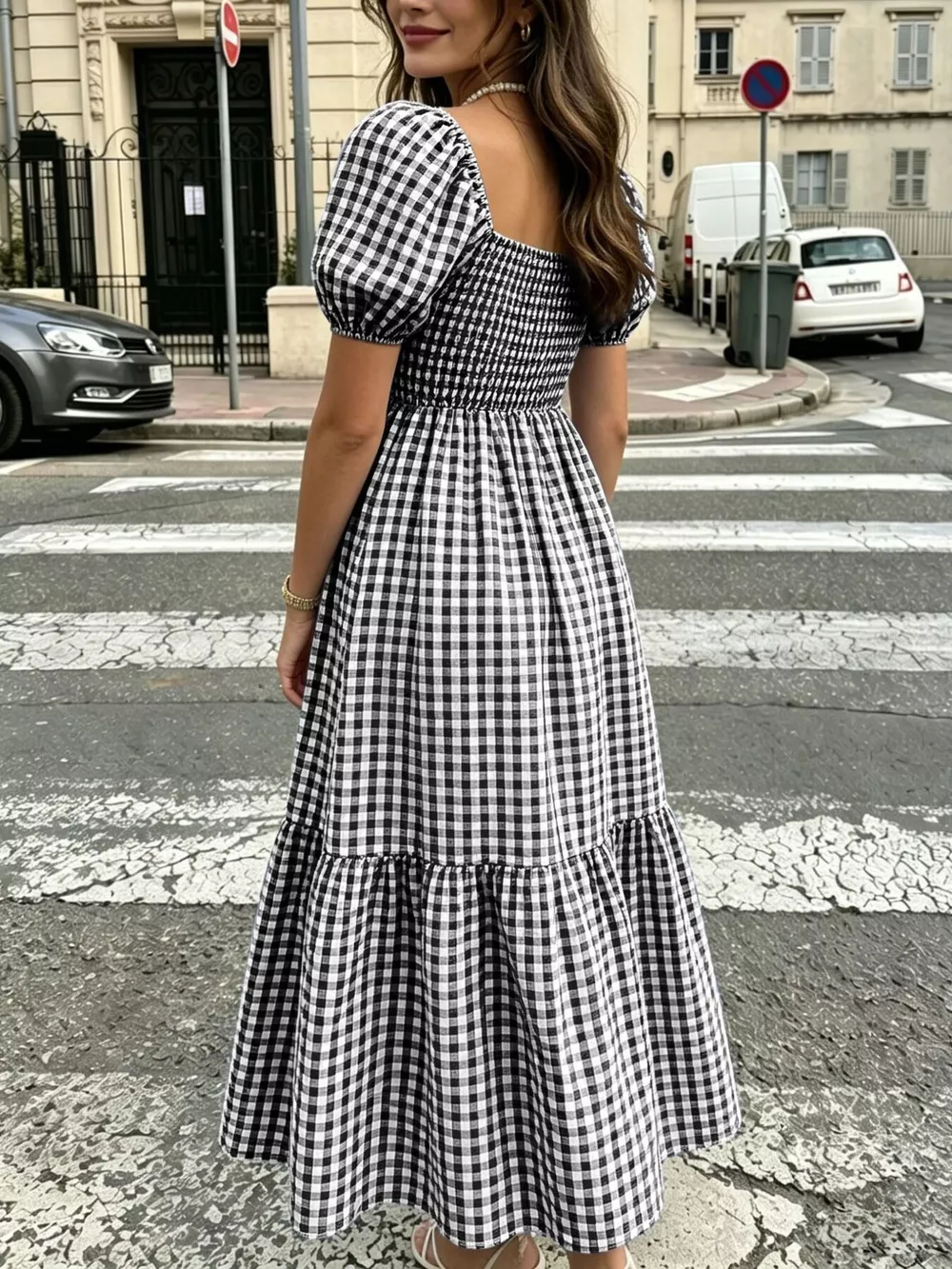 Gingham Smocked Puff Sleeve Midi Dress, image 6