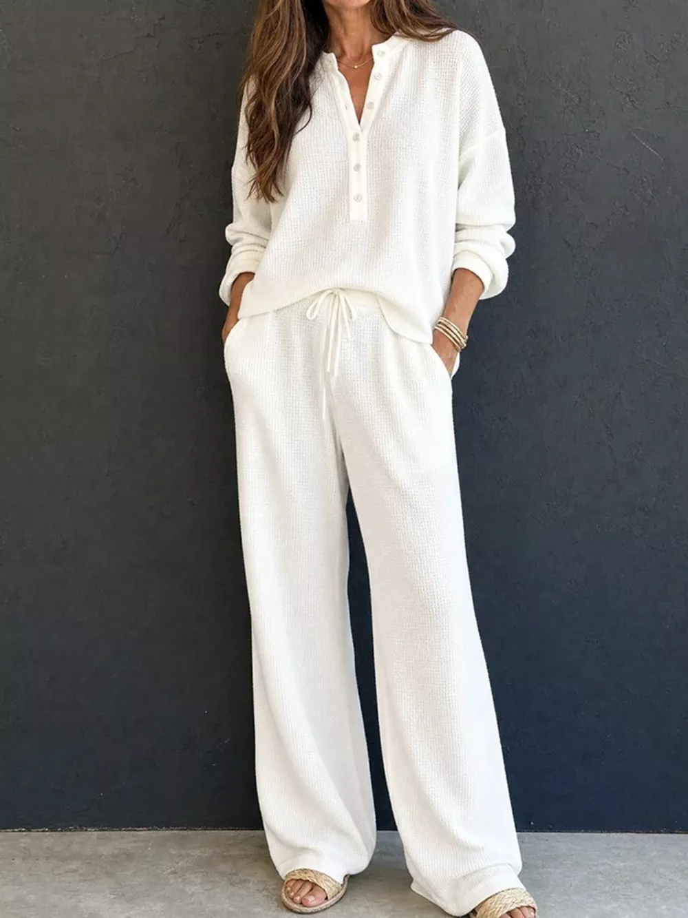 Waffle Knit Button Detail Top and Pants Set