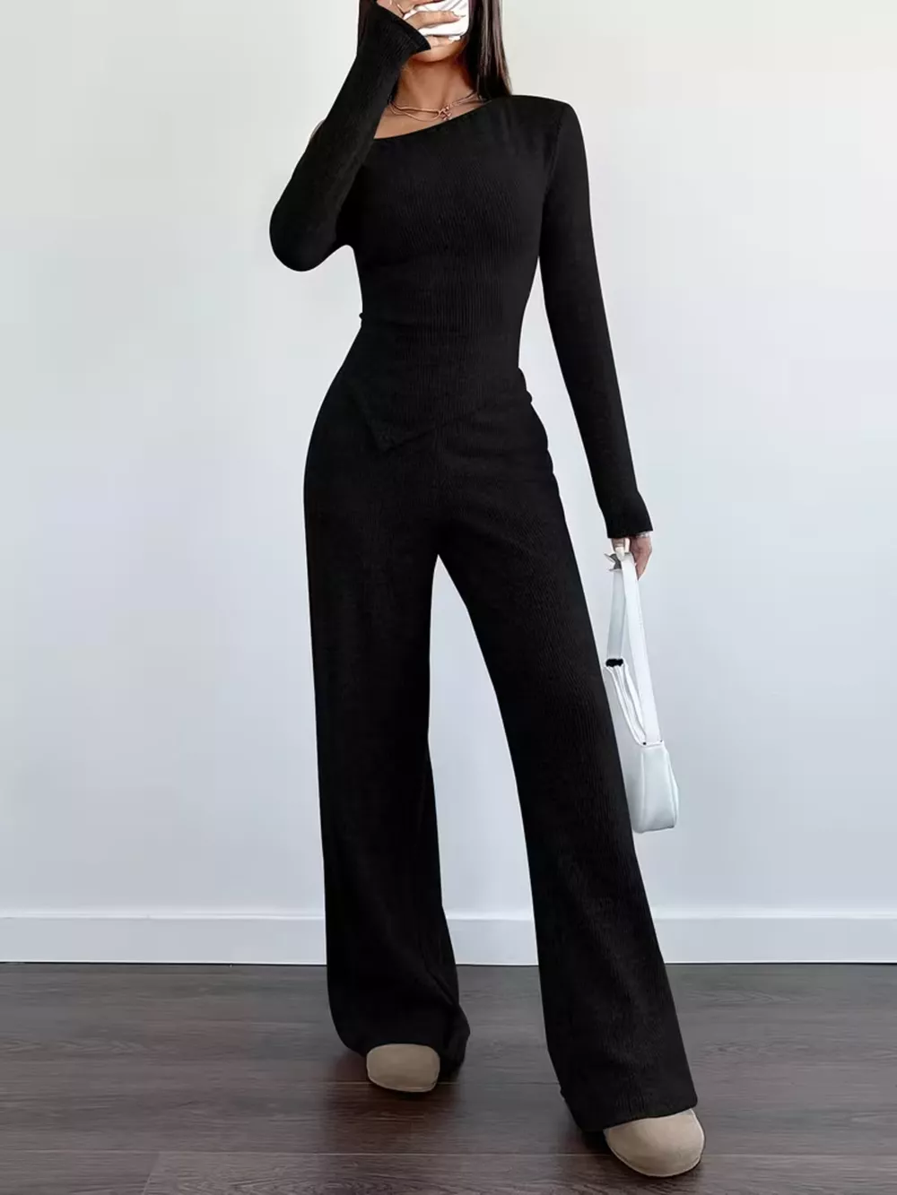 Chic One-Shoulder Asymmetrical Top and Wide-Leg Pants Set, image 2