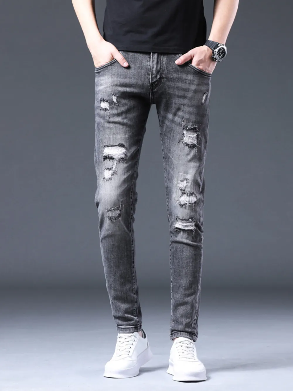 Men's Distressed Slim Fit Ripped Jeans, image 4