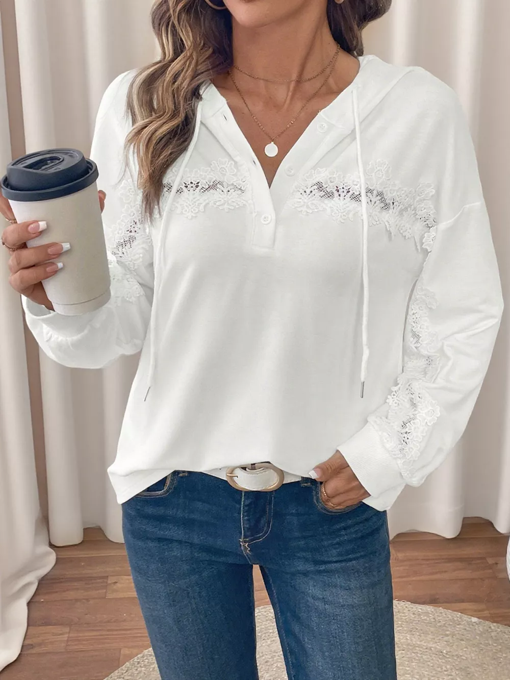 Lace Detail Long Sleeve Drawstring Hoodie, image 3
