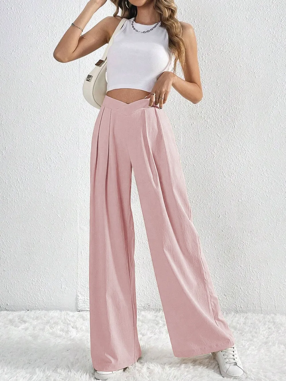 V-Waisted Ruched Front Wide Leg Pants, image 2