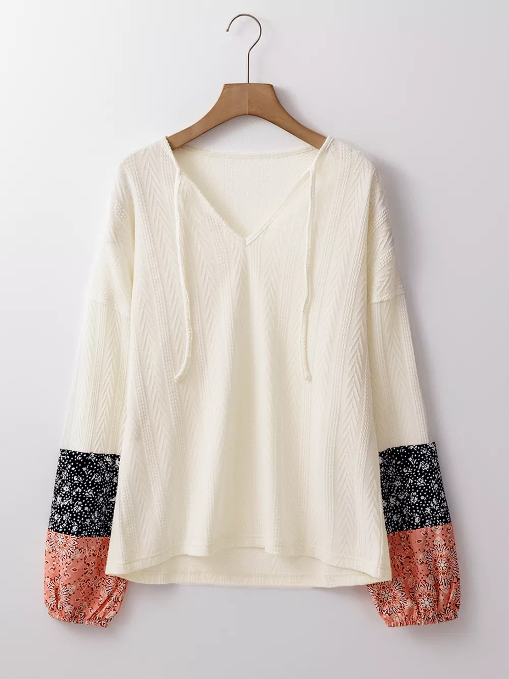 Floral Patchwork Textured Knit Drawstring V Neck Blouse, image 6