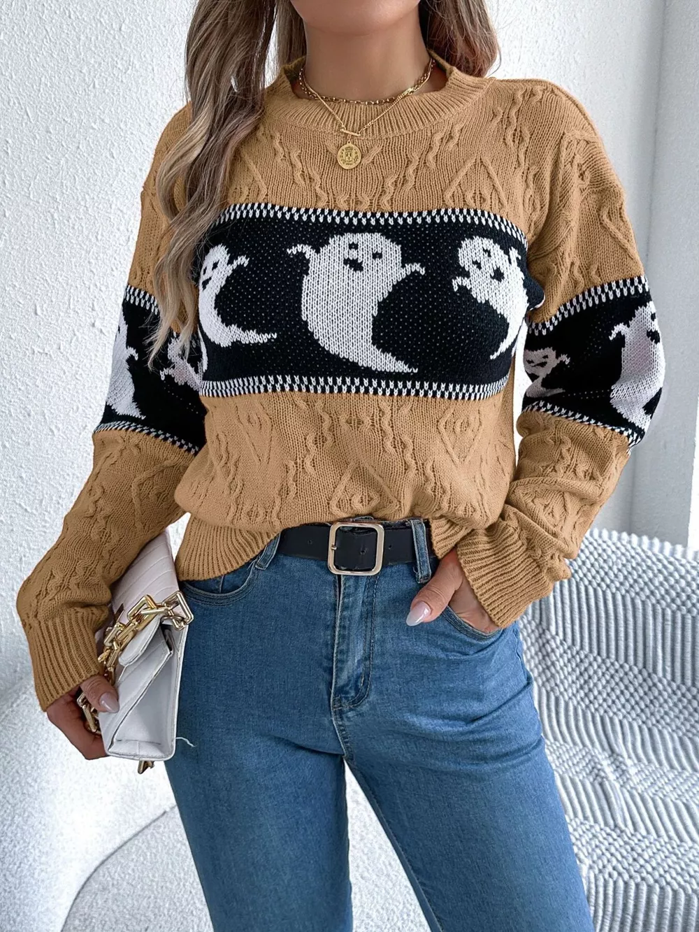 Halloween Ghost Pattern Textured Sweater, image 15