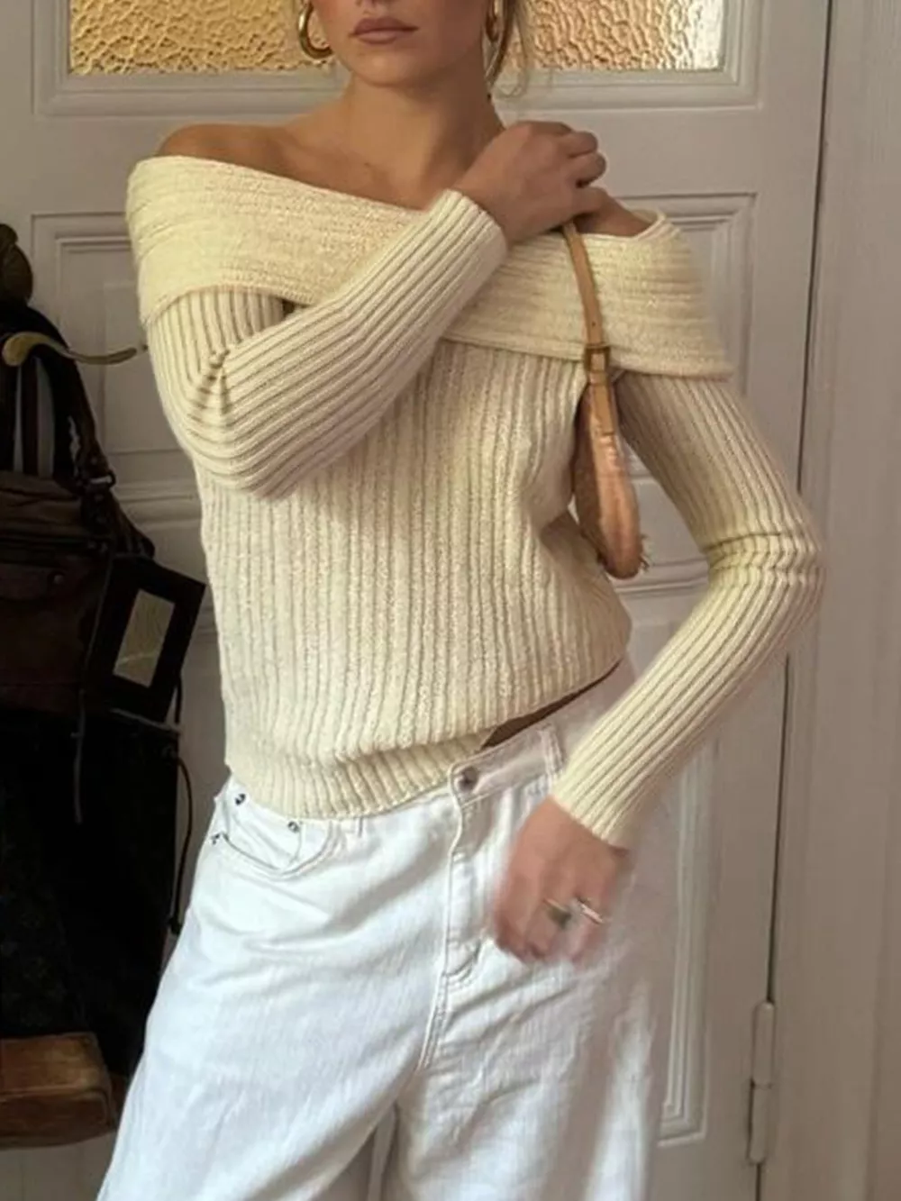Off-Shoulder Ribbed Knit Sweater, image 8