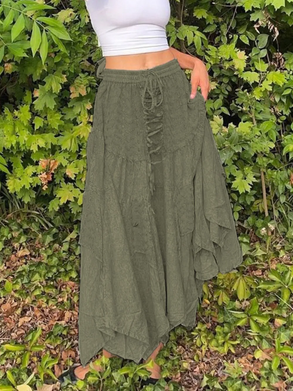 Asymmetrical Hem Midi Skirt with Drawstring Waist, image 4
