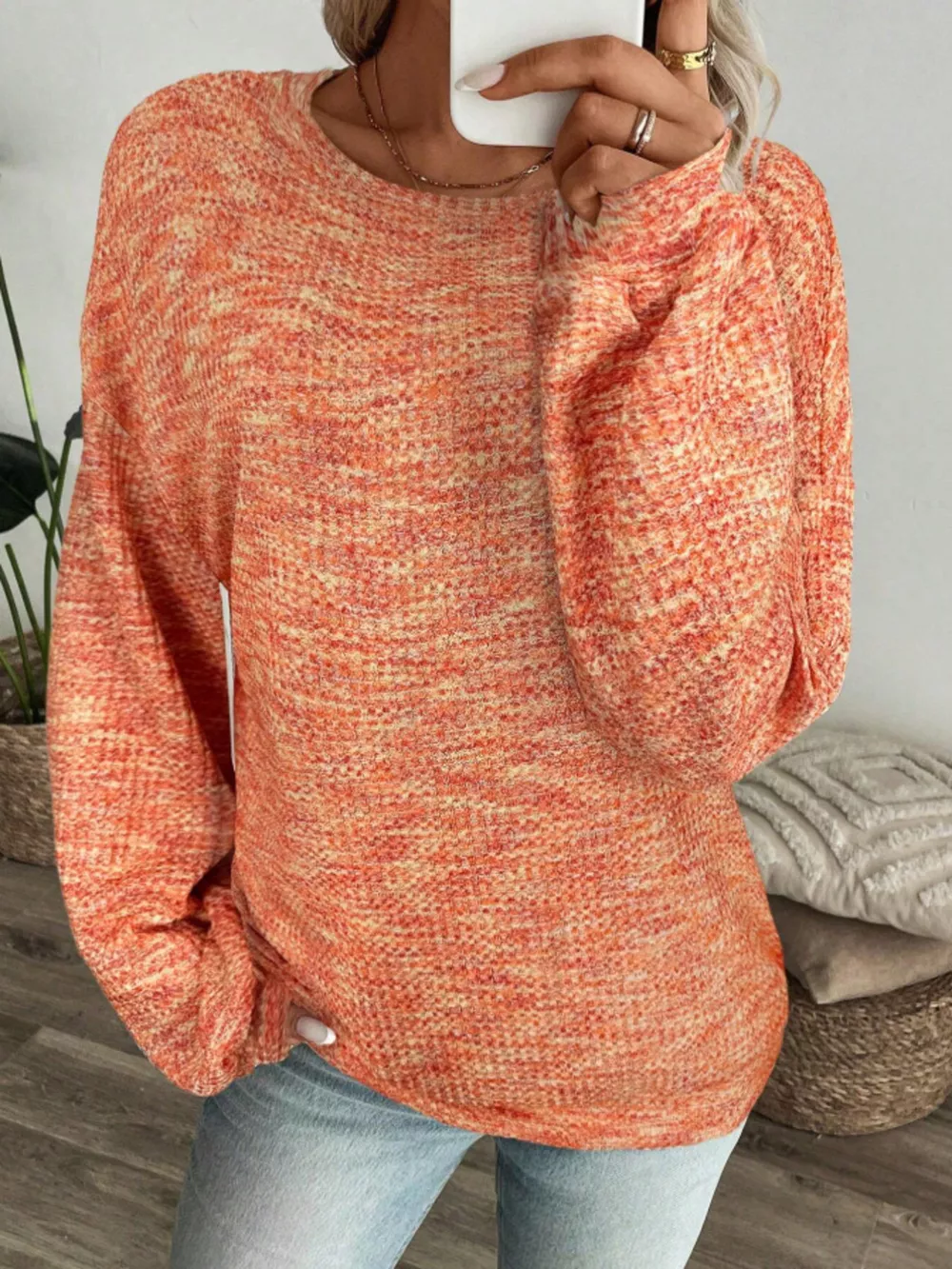 Space-Dyed Long Sleeve Waffle-Knit Top, image 18