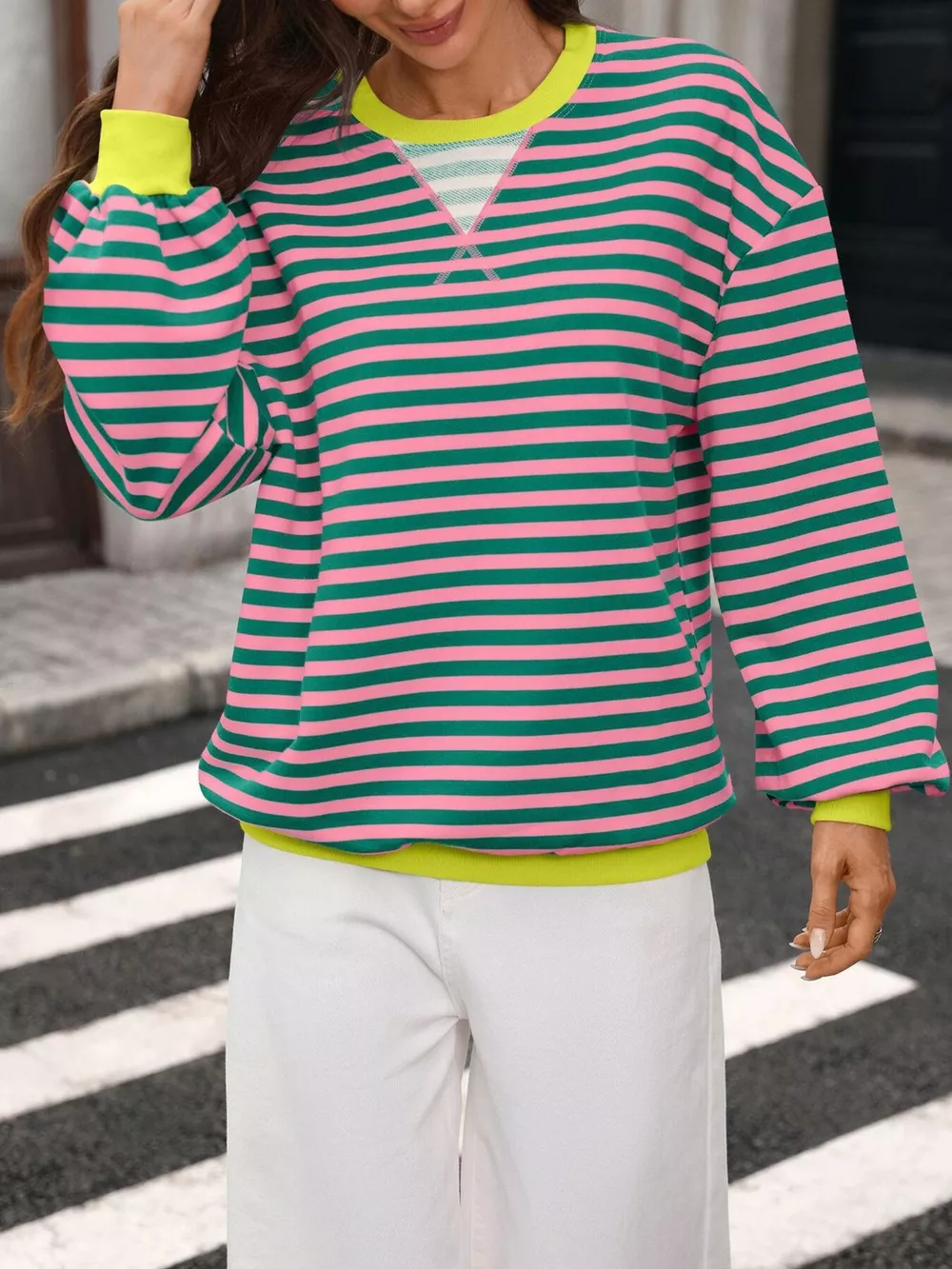 Contrast Trim Striped Crew Neck Sweatshirt, image 17