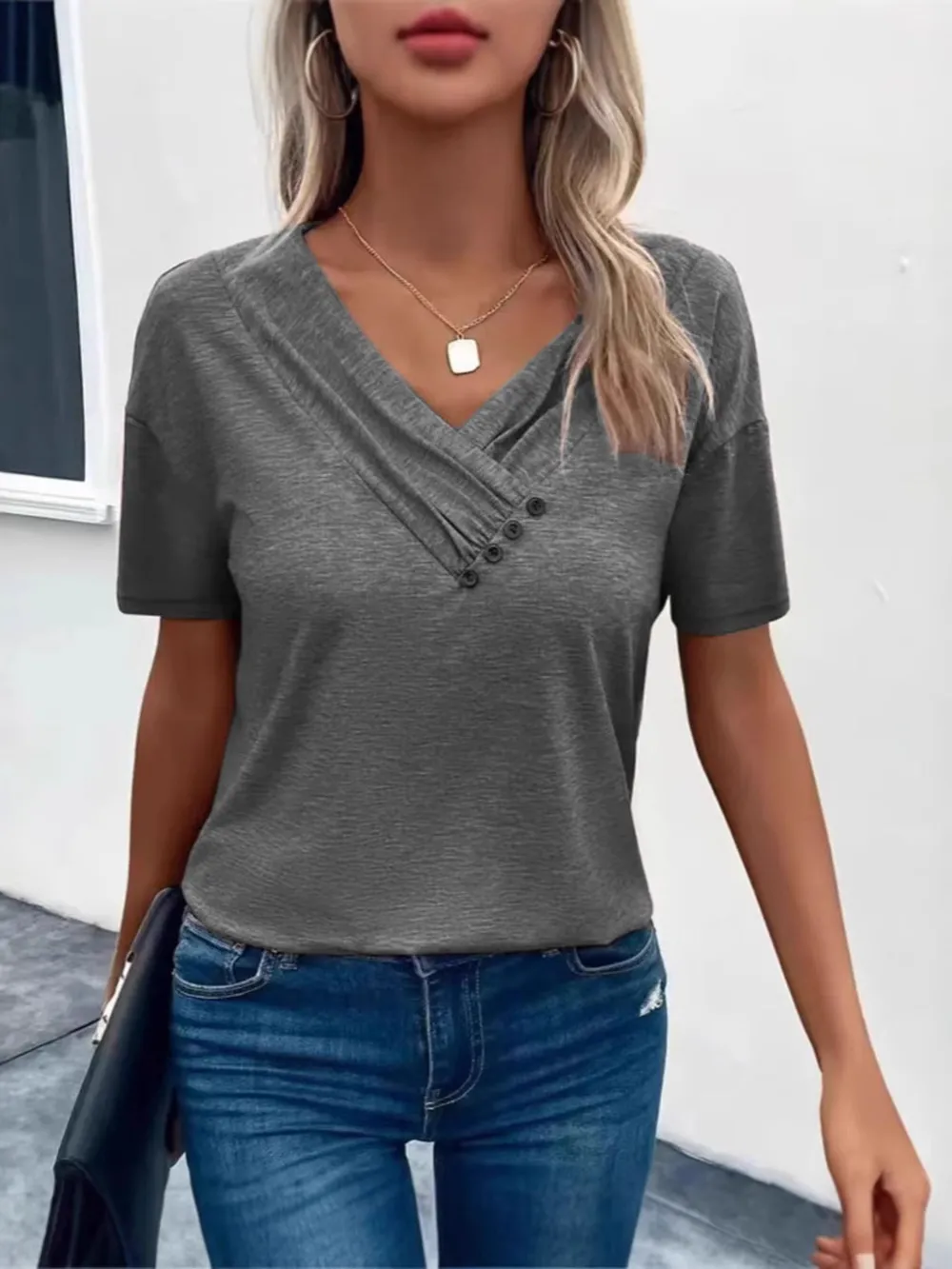 Short Sleeve V-Neck Ruched T-Shirt, image 5