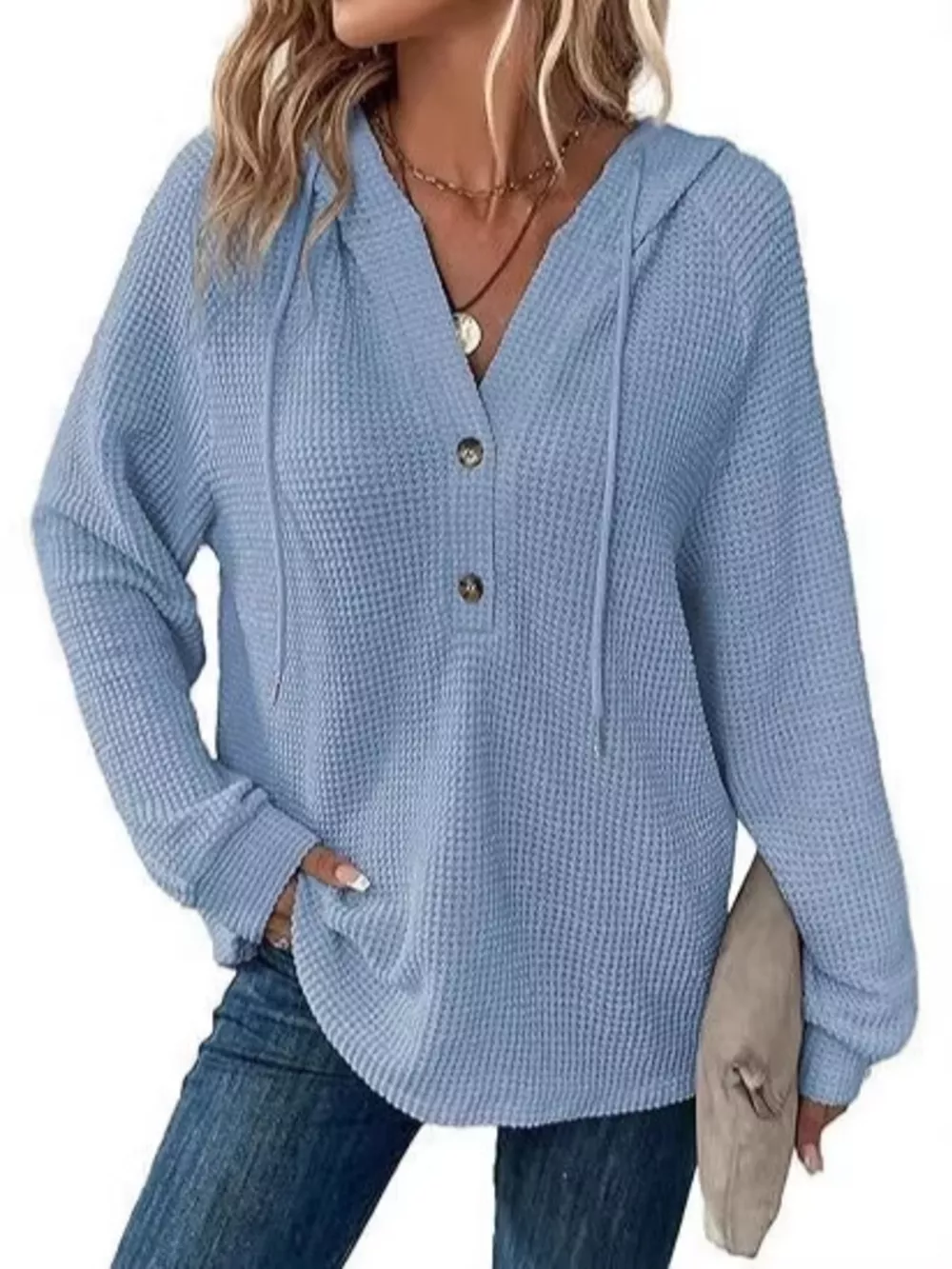 Full Size Waffle Knit Half-Button Hoodie Plus Size, image 12