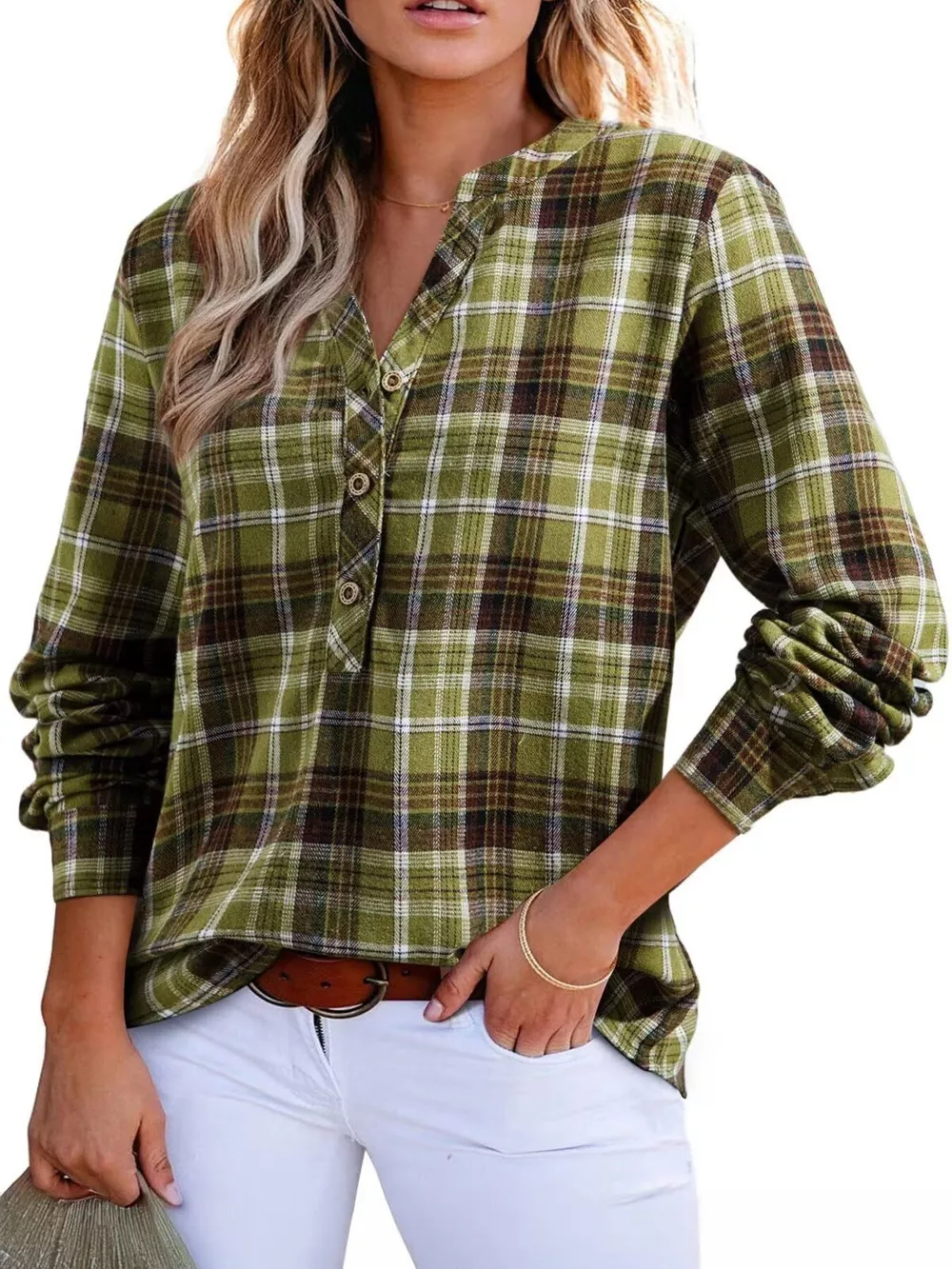 Plaid Half Button Long Sleeve Blouse, image 5