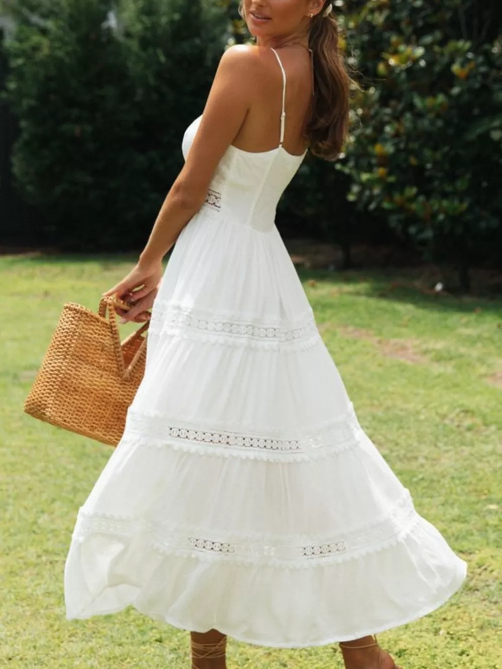 Lace Trimmed Tiered Midi Cami Dress, image 2