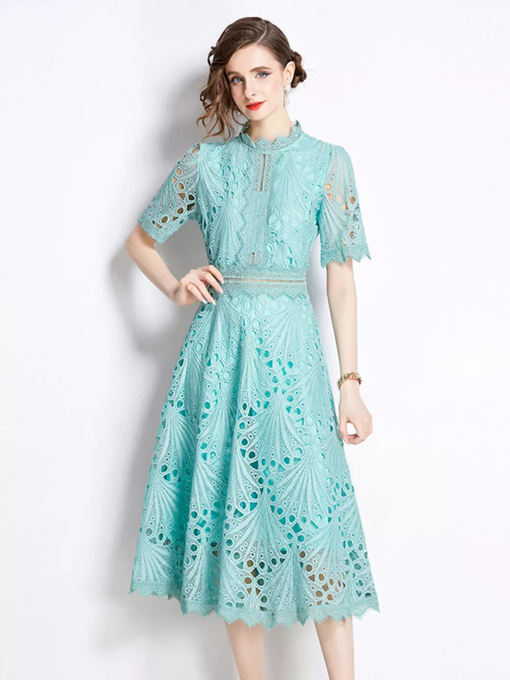 Full Size Lace Short Sleeve Midi Dress Plus Size, image 11