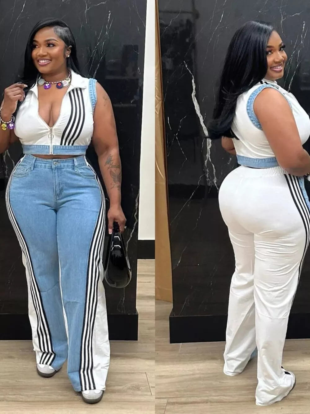Zip Front Crop Top and Striped Pants Set, image 3