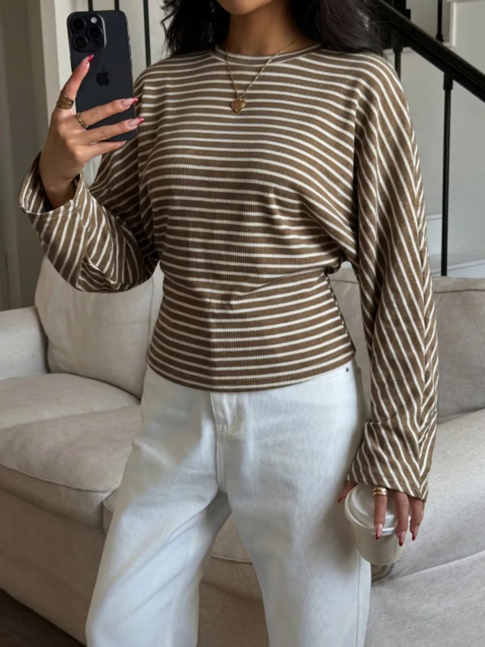 Casual Striped Long Sleeve Batwing T-Shirt, image 14