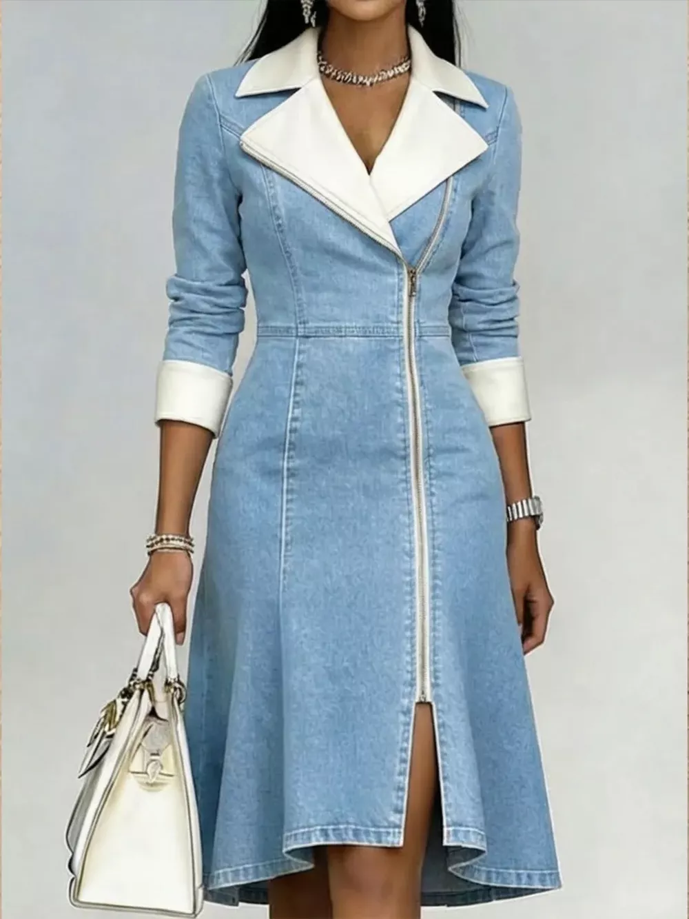 Full Size Contrast Lapel Zip-Front Denim Dress Plus Size, image 5