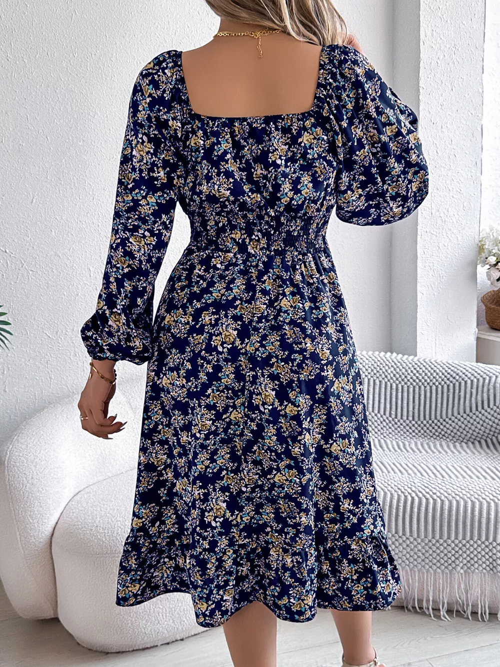 Floral Print Long Sleeve Square Neck Midi Dress, image 16