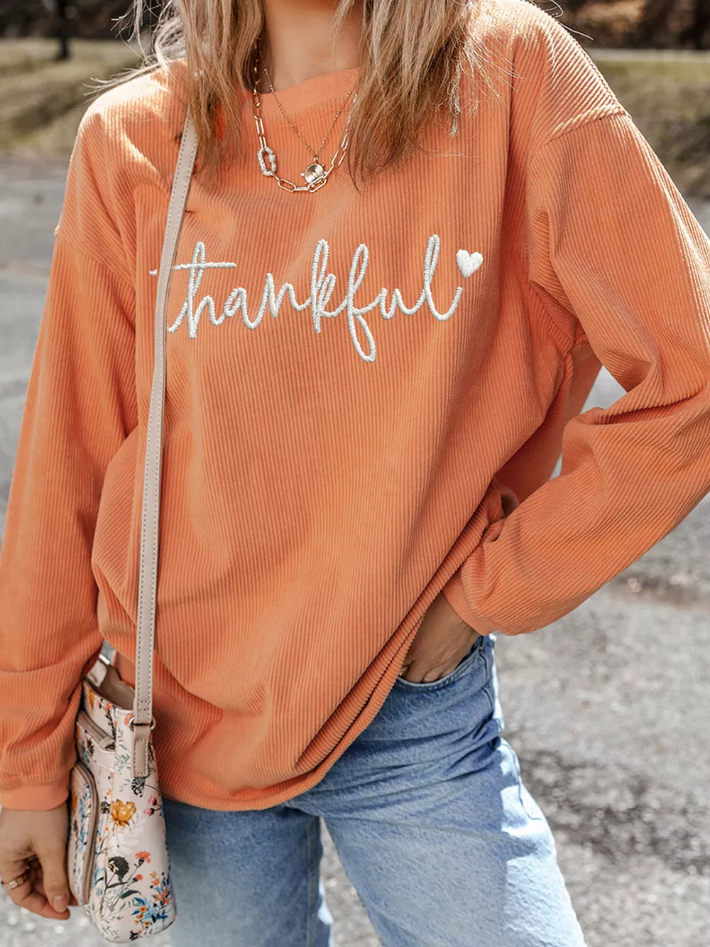 Thankful Embroidered Corded Crewneck Sweatshirt, image 2