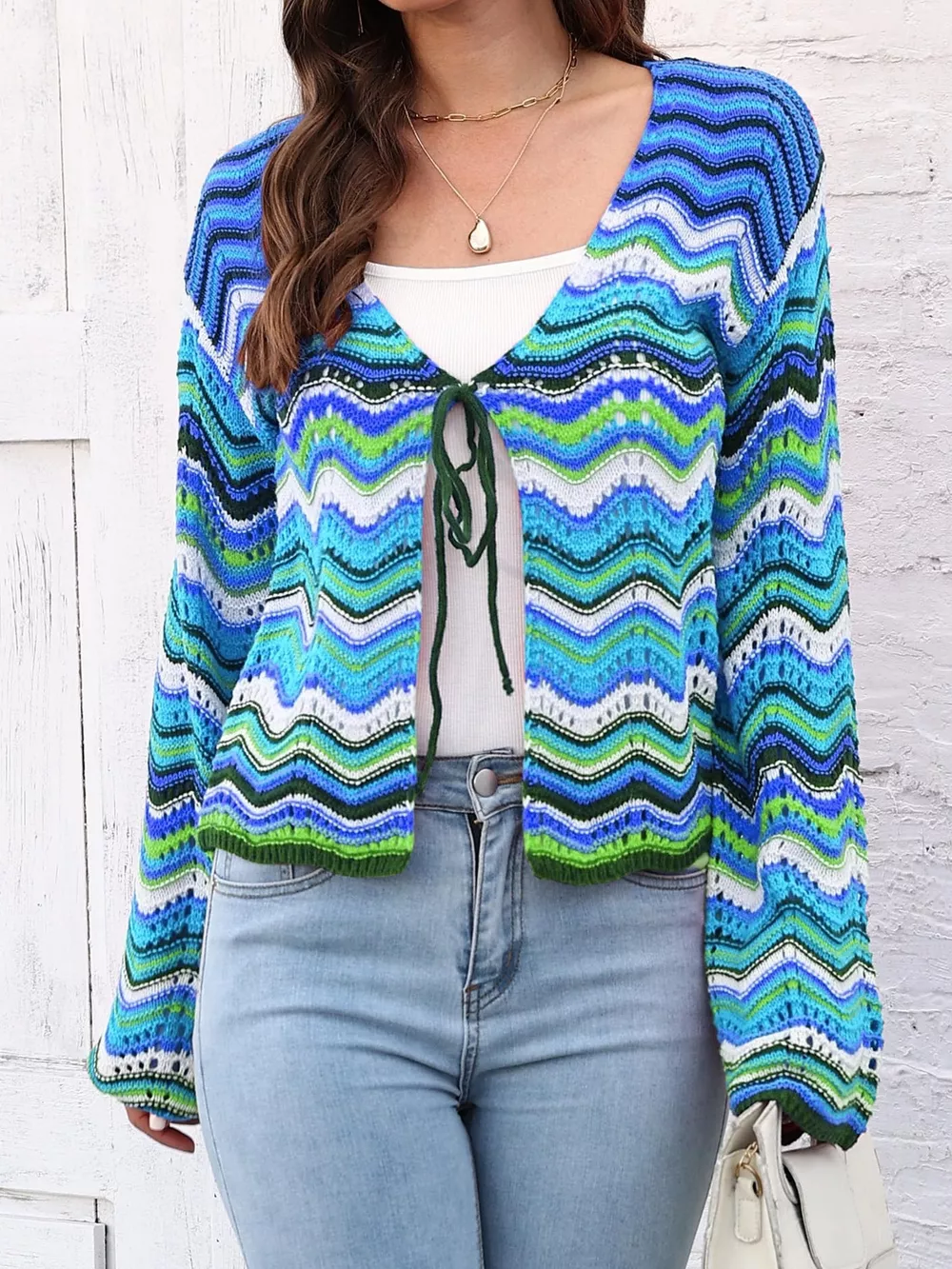 Vibrant Chevron Striped Tie-Front Knit Cardigan, image 10